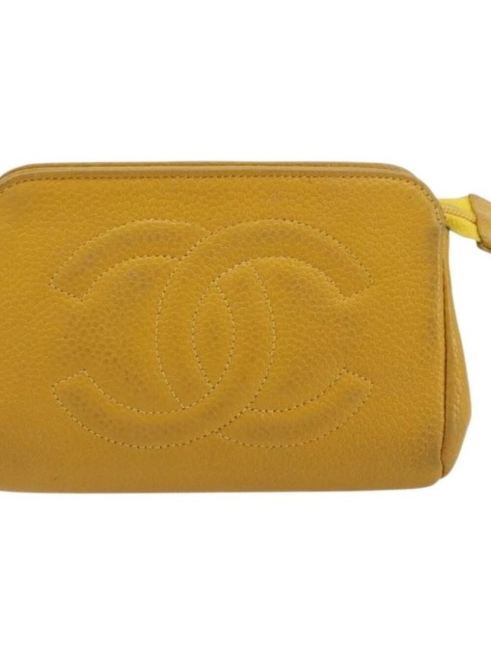 CHANEL Pouch Grained Calf Skin Yellow Gold CC Auth bs35112
